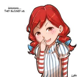 Rule 34 | 1girl, artist name, blue ribbon, braid, covering own mouth, english text, freckles, laughing, long hair, lumineko, red eyes, red hair, ribbon, signature, smug, solo, striped, twin braids, wendy&#039;s, wendy (wendy&#039;s)