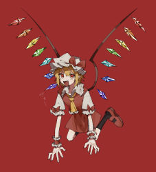 Rule 34 | 1girl, :d, absurdres, alternate hairstyle, ascot, black socks, blonde hair, blunt bangs, bow, commentary, crystal, fangs, fingernails, flandre scarlet, flying, frilled shirt collar, frilled sleeves, frills, full body, hat, hat ribbon, highres, mob cap, open mouth, pointy ears, puffy short sleeves, puffy sleeves, red background, red bow, red eyes, red footwear, red ribbon, red skirt, red vest, ribbon, section (prrx8584), shirt, short hair, short sleeves, simple background, skirt, smile, socks, solo, touhou, translated, vest, white hat, white shirt, wings, yellow ascot