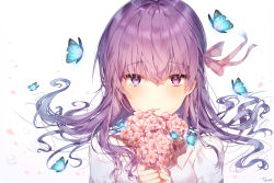 Rule 34 | 1girl, artist name, blush, bouquet, bug, butterfly, commentary request, crying, crying with eyes open, fate/stay night, fate (series), floating hair, flower, hair between eyes, hair ribbon, heaven&#039;s feel, heterochromia, highres, holding, holding bouquet, insect, long hair, looking at viewer, matou sakura, official alternate costume, own hands together, parted lips, petals, pink eyes, pink flower, pink ribbon, purple eyes, purple hair, ribbon, shirt, simple background, solo, taya oco, tears, upper body, wavy hair, white background, white shirt