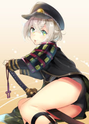 Rule 34 | 10s, 1boy, :3, armor, ass, green eyes, hair flaps, highres, holding, holding weapon, hotarumaru, japanese armor, looking at viewer, looking back, male focus, military, military uniform, naso4, ootachi, sheath, sheathed, short shorts, shorts, shoulder armor, silver hair, smile, legwear garter, sode, solo, thighs, tongue, tongue out, touken ranbu, uniform, weapon