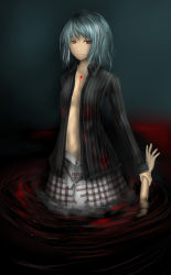 Rule 34 | 1girl, alternate costume, bad id, bad pixiv id, belt, blood, blue hair, clavis, contemporary, female focus, gradient background, highres, injury, open belt, partially submerged, red eyes, remilia scarlet, severed arm, severed limb, short hair, solo, standing, touhou, water