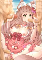 Rule 34 | 1girl, 4boys, anal, animal ears, artist request, beach, breasts, brown hair, clothing aside, double handjob, fellatio, flower, green eyes, group sex, hair flower, hair ornament, handjob, highres, large breasts, long hair, maho (princess connect!), maho (summer) (princess connect!), multiple boys, nipples, oral, outdoors, princess connect!, pussy, rape, sex, sidelocks, swimsuit, swimsuit aside, triple penetration, unaligned breasts