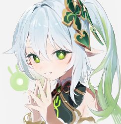 Rule 34 | 1girl, aoiro oto, blush, commentary, detached sleeves, eyelashes, genshin impact, gradient hair, green eyes, green hair, hair between eyes, hair ornament, highres, long hair, looking at viewer, multicolored hair, nahida (genshin impact), pointy ears, ponytail, seelie (genshin impact), side ponytail, simple background, solo, steepled fingers, symbol-only commentary, upper body, white hair