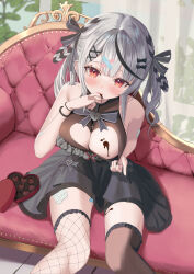 Rule 34 | 1girl, absurdres, ara1e, bandages, bare shoulders, blush, braid, breasts, candy, chocolate, chocolate heart, chocolate on body, chocolate on breasts, cleavage cutout, clothing cutout, couch, fishnet thighhighs, fishnets, food, food on body, grey hair, hair ornament, hair ribbon, hairclip, halterneck, heart, highres, hololive, licking, licking finger, looking at viewer, red eyes, ribbon, sakamata chloe, sitting, skirt, smile, solo, thighhighs, tongue, tongue out, twintails, valentine, virtual youtuber