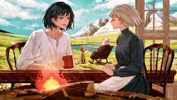 Rule 34 | 2girls, 3others, aged up, animal, apron, black hair, blonde hair, blue eyes, chair, child, closed eyes, cloud, cloudy sky, collarbone, commentary, cup, day, denn (naluse flow), dog, fire, firewood, grass, heen, highres, holding, holding cup, howl (howl no ugoku shiro), howl no ugoku shiro, long sleeves, looking at another, markl, mountain, mountainous horizon, multiple girls, multiple others, open mouth, outdoors, plain, pool, prince (howl no ugoku shiro), rocking chair, shirt, short hair, sitting, sky, smile, sophie (howl no ugoku shiro), symbol-only commentary, table, waist apron, water, waving, white shirt, witch of the waste, wood