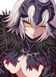 Rule 34 | 1girl, breasts, cleavage, commentary request, fate (series), fujitaka nasu, fur trim, grey hair, hair between eyes, headgear, jeanne d&#039;arc (fate), jeanne d&#039;arc alter (avenger) (fate), jeanne d&#039;arc alter (fate), large breasts, looking at viewer, short hair, simple background, smile, solo, tongue, tongue out, torn clothes, white background, yellow eyes