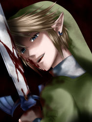 Rule 34 | 1boy, black background, blonde hair, blood, blood on face, bloody weapon, earrings, evil, fingerless gloves, gloves, hat, holding, jewelry, link, looking at viewer, male focus, master sword, nintendo, open mouth, out of character, pointy ears, shadow, simple background, solo, swept bangs, sword, the legend of zelda, the legend of zelda: twilight princess, wasabi (legemd), weapon