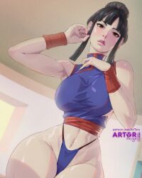 Rule 34 | 1girl, alternate breast size, artist name, arttoru, ass, bare arms, bare legs, black eyes, black hair, bracelet, breasts, chi-chi (dragon ball), curvy, dragon ball, dragonball z, earrings, hair bun, hand on own chest, highleg, highleg panties, highres, jewelry, large breasts, lips, looking at viewer, navel, panties, shiny skin, solo, thong, underwear, wide hips