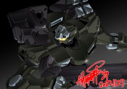 Rule 34 | assault visor, black background, from above, glowing, gun, gundam, gundam suisei no majo, holding, holding gun, holding weapon, looking to the side, mecha, robot, signature, solo, upper body, weapon, zowort heavy, zzz sakaz