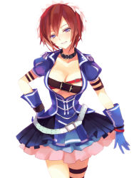 Rule 34 | 1girl, akiyoshi (tama-pete), belt, blue crystal (module), blue dress, blue eyes, blue hair, breasts, brown hair, cleavage, collar, dress, gloves, large breasts, looking at viewer, matching hair/eyes, meiko (vocaloid), nostalogic (vocaloid), project diva (series), project diva f, short hair, simple background, skirt, smile, solo, vocaloid