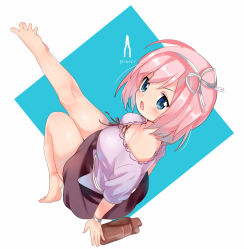 Rule 34 | 1girl, bad id, bad pixiv id, bare legs, barefoot, black ribbon, blue eyes, blush, breasts, character name, cleavage, dmm, fang, feet, from above, full body, hair ribbon, hairband, leg up, legs, melompan, ole tower, open mouth, pincers (ole tower), pink hair, ribbon, short hair, short sleeves, sitting, skirt, solo, spread toes, toes, white background, white ribbon, wristband