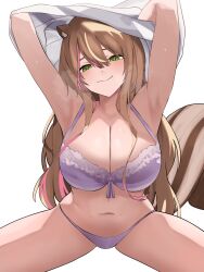 Rule 34 | 1girl, absurdres, alternate breast size, animal ears, armpits, arms up, ayunda risu, blush, bow, bow bra, bra, breasts, breath, brown hair, closed mouth, green eyes, hair between eyes, highres, hololive, hololive indonesia, large breasts, long hair, looking at viewer, multicolored hair, navel, panties, pink hair, shirt, si farid, simple background, smile, solo, spread legs, squirrel ears, squirrel girl, squirrel tail, streaked hair, tail, underwear, undressing, very long hair, virtual youtuber, wavy mouth, white background, white bra, white hair, white panties, white shirt
