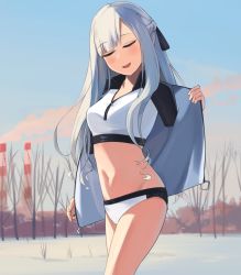 Rule 34 | 1girl, ak-12 (age of slushies) (girls&#039; frontline), ak-12 (girls&#039; frontline), black ribbon, blush, braid, breasts, closed eyes, french braid, girls&#039; frontline, hair ribbon, highres, hinami047, jacket, long hair, medium breasts, official alternate costume, open clothes, open jacket, open mouth, panties, ribbon, russia, scenery, silver hair, smile, solo, sportswear, standing, tank top, underwear, white jacket, white panties, white tank top