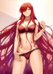 Rule 34 | 1girl, absurdres, bare shoulders, bra, breasts, cleavage, clothes pull, collarbone, duplicate, fate/grand order, fate (series), gradient background, grin, hair over one eye, highres, lace, lace-trimmed bra, lace-trimmed panties, lace trim, large breasts, long hair, looking at viewer, mashuu (neko no oyashiro), navel, oda nobunaga (fate), oda nobunaga (koha-ace), oda nobunaga (maou avenger) (fate), panties, red bra, red eyes, red hair, red panties, scan, smile, solo, thighs, third-party source, underwear, underwear only, underwear pull, very long hair