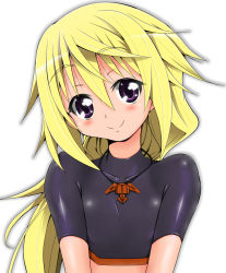 Rule 34 | 10s, 1girl, alternate breast size, blonde hair, blush, bodysuit, charlotte dunois, collarbone, crop top, crossdressing, flat chest, hair between eyes, head tilt, highres, infinite stratos, jewelry, light smile, long hair, low ponytail, midriff, naz (garyuuya), necklace, outline, pendant, pilot suit, ponytail, purple eyes, reverse trap, simple background, skin tight, smile, solo, spandex, tight clothes, turtleneck, upper body, very long hair, white background