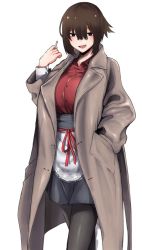Rule 34 | 1girl, apron, black eyes, black pantyhose, breasts, brown coat, brown hair, cigarette, coat, fang, gomio (bb-k), hair between eyes, hand in pocket, holding, holding cigarette, large breasts, long sleeves, looking at viewer, open mouth, original, pantyhose, parted lips, red shirt, shirt, short hair, simple background, skin fang, skirt, smoking, solo, waist apron, white apron, white background