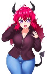 Rule 34 | 1girl, :d, alma (onsoku inu), antenna hair, blue pants, breasts, brown jacket, cleavage, cowboy shot, demon horns, demon tail, denim, hand up, hands up, horns, jacket, jeans, large breasts, long hair, looking at viewer, onsoku inu, open mouth, original, pants, purple eyes, red hair, ribbed jacket, simple background, smile, solo, tail, teeth, thigh gap, upper teeth only, white background
