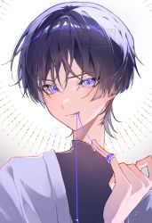 Rule 34 | 1boy, black hair, black shirt, blunt ends, blush, closed mouth, commentary request, eyelashes, eyeshadow, genshin impact, gradient background, hair between eyes, hand up, highres, index finger raised, jacket, looking at viewer, makeup, male focus, nero hanken, off shoulder, parted bangs, purple eyes, red eyeshadow, scaramouche (genshin impact), shirt, short hair, sidelocks, simple background, smile, solo, string, string around neck, tongue, tongue out, upper body, wanderer (genshin impact), watermark, white jacket