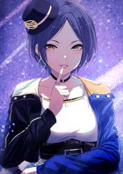 Rule 34 | 1girl, absurdres, blue hair, breasts, choker, collarbone, commentary request, cropped jacket, dark blue hair, earrings, finger to mouth, fingernails, hat, hayami kanade, highres, idolmaster, idolmaster cinderella girls, idolmaster cinderella girls starlight stage, jewelry, lips, long fingernails, microphone, misaki nonaka, parted bangs, ring, short hair, solo, upper body, yellow eyes
