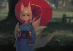 Rule 34 | 1girl, alternate costume, animal ears, azur lane, bad id, bad pixiv id, bag, blue eyes, commentary request, contemporary, eyeliner, food, fox ears, fox tail, handbag, japanese clothes, kaga (azur lane), kimono, looking at viewer, makeup, multiple tails, obi, oil-paper umbrella, rias-coast, sash, short hair, solo, tail, taiyaki, umbrella, wagashi, white hair