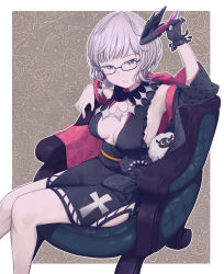 Rule 34 | 1girl, absurdres, black dress, chair, daisi gi, dress, fate/grand order, fate (series), glasses, gloves, grey hair, highres, jacques de molay (foreigner) (fate), purple eyes, short dress, single glove, sitting