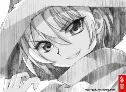 Rule 34 | 1girl, female focus, gofu, greyscale, grin, hat, ichiban ushiro no daimaou, lily shiraishi, monochrome, scarf, sketch, smile, solo, spot color, traditional media, white background, witch hat