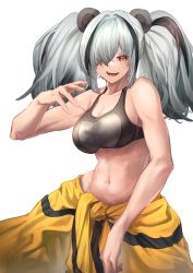 Rule 34 | 1girl, absurdres, animal ears, arknights, bare shoulders, black hair, breasts, clothes around waist, crop top, feater (arknights), feater (dojo star) (arknights), grey hair, gyoukan (jfxc), hair over one eye, highres, hikimayu, jacket, jacket around waist, large breasts, long hair, looking at viewer, multicolored hair, navel, official alternate costume, open mouth, panda ears, panda girl, parted lips, red eyes, smile, solo, streaked hair, tank top, toned, two-tone hair