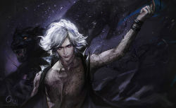 Rule 34 | 1boy, animal, arm at side, arm tattoo, arm up, artist name, artstation username, bare pectorals, black coat, chest tattoo, closed mouth, coat, collarbone, devil may cry (series), devil may cry 5, familiar, fangs, jewelry, long coat, looking at viewer, male focus, necklace, nipples, open mouth, oreki genya, panther, pectorals, purple background, red eyes, ring, short hair, sleeveless, sleeveless coat, smile, snapping fingers, solo, studded bracelet, swept bangs, tattoo, teeth, tooth necklace, upper body, v (devil may cry), white hair, yellow eyes