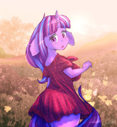 Rule 34 | 1girl, breasts, dress, flower, furry, grass, highres, horns, looking at viewer, meadow, my little, pony (animal), pony friendship is magic, purple eyes, single horn, starlight glimmer, tree, woofmaple