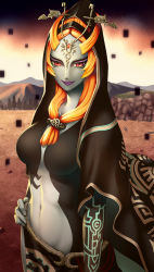 Rule 34 | 1girl, cape, colored skin, eyeshadow, front ponytail, grey skin, highres, hinome, hood, lipstick, long hair, looking at viewer, makeup, midna, midna (true), navel, nintendo, orange hair, purple lips, red eyes, solo, spoilers, tattoo, the legend of zelda, the legend of zelda: twilight princess