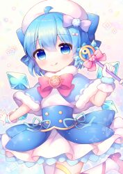 Rule 34 | 1girl, ahoge, blue bow, blue capelet, blue dress, blue eyes, blue hair, blush, bow, capelet, cirno, closed mouth, coa (chroo x), dress, fairy, gloves, hair between eyes, hair bow, highres, holding, holding wand, ice, ice wings, looking at viewer, pantyhose, red footwear, shoes, short hair, smile, solo, star (symbol), tongue, tongue out, touhou, wand, white dress, white gloves, white pantyhose, wings