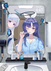 Rule 34 | 2girls, absurdres, astelia, bathroom, blue archive, blue necktie, blue pajamas, blush, breasts, cellphone, closed mouth, collared shirt, drone, faucet, grey hair, hair between eyes, halo, highres, holding, holding toothbrush, indoors, large breasts, long hair, mechanical halo, mirror, multiple girls, necktie, noa (blue archive), pajamas, phone, purple eyes, purple hair, shirt, short sleeves, smartphone, smile, tile wall, tiles, toothbrush, toothbrush in mouth, towel, white shirt, yuuka (blue archive)