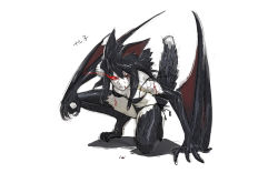 Rule 34 | 1girl, bad id, bad pixiv id, bikini, black hair, blood, capcom, claws, cuts, dragon, injury, kozaki yuusuke, lingerie, monster girl, monster hunter (series), nargacuga, personification, red eyes, scales, scar, severed tail, simple background, solo, squatting, swimsuit, tail, underwear, wings, wyvern