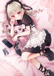 Rule 34 | absurdres, apron, black dress, black footwear, black headwear, blonde hair, cellphone, colored inner hair, commentary request, dress, highres, maid, maid headdress, makaino ririmu, makaino ririmu (5th costume), multicolored hair, nijisanji, phone, pink hair, pointy ears, puffy short sleeves, puffy sleeves, red eyes, short sleeves, smartphone, string, string of fate, stuffed animal, stuffed rabbit, stuffed toy, virtual youtuber, yua (bokubo0806)