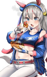 Rule 34 | 1girl, absurdres, animal ears, bare shoulders, belt, blue hairband, blue jacket, blue sports bra, breasts, commentary request, crop top, ear covers, fingerless gloves, food, gloves, grey hair, hair between eyes, hair ornament, hairband, hairclip, headband, highres, holding, holding food, horse ears, horse girl, horse tail, jacket, long hair, midriff, navel, open clothes, open jacket, pants, po musubi, red belt, red headband, simple background, small breasts, solo, sports bra, tail, takoyaki, tamamo cross (umamusume), umamusume, very long hair, white background, white gloves, white pants