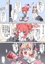 Rule 34 | 2girls, animal ear headphones, animal ears, blonde hair, blood, blood on face, blood on hands, bloody weapon, blue archive, cat ear headphones, comic, controller, fake animal ears, fujiwara tatsuroo, game controller, gun, halo, headphones, highres, jacket, maki (blue archive), momoi (blue archive), multiple girls, off shoulder, one eye closed, playing games, red hair, school uniform, shirt, sitting, sparkle, television, translation request, weapon, white shirt