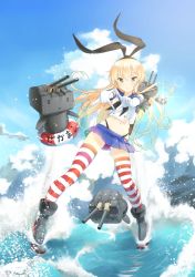 Rule 34 | 10s, 1girl, ankle boots, blonde hair, blue eyes, blue sky, boots, cloud, crop top, crop top overhang, day, elbow gloves, flat chest, gloves, grey footwear, hairband, highleg, highleg panties, highres, innertube, kantai collection, lens flare, long hair, looking at viewer, microskirt, midriff, navel, nigiriushi, panties, red thighhighs, rensouhou-chan, shimakaze (kancolle), skindentation, skirt, sky, smile, striped clothes, striped thighhighs, swim ring, thighhighs, underwear, waves, white gloves