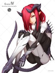 Rule 34 | 1girl, ass, bodysuit, hair over one eye, horns, lg electronics, looking to the side, masin0201, personification, pointy ears, red eyes, red hair, skin tight, solo, spines, tail