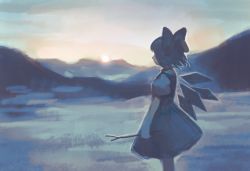 Rule 34 | 1girl, bad id, bad pixiv id, blue hair, blurry, bow, cirno, dark, depth of field, dress, field, hair bow, hill, holding, ice, ice wings, looking afar, muted color, okakan, scenery, short hair, sketch, sky, solo, stick, sunlight, sunrise, touhou, wind, wings