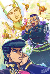 Rule 34 | 3boys, angel wings, black hair, blue hair, chef, chef hat, head rest, chuuya (wonoatich), dated, dollar sign, facial mark, flower, frown, gakuran, grey hair, own hands clasped, harp, hat, heart, higashikata josuke, horn (instrument), instrument, jojo no kimyou na bouken, male focus, multicolored hair, multiple boys, nijimura okuyasu, open mouth, own hands together, peace symbol, pearl jam (stand), pin, pompadour, purple flower, purple rose, rose, school uniform, smile, sparkle, stand (jojo), sweatdrop, tears, tongue, tongue out, tonio trussardi, twitter username, two-tone hair, v, wings