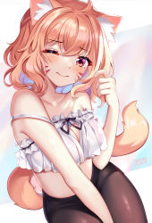 Rule 34 | 1girl, animal ear fluff, animal ears, black pantyhose, breasts, cleavage, cleavage cutout, closed mouth, clothing cutout, commentary, commentary request, english commentary, facial mark, heart, heart in eye, highres, indie virtual youtuber, looking at viewer, medium breasts, midriff, one eye closed, orange hair, pantyhose, pink eyes, short hair, shyrei faolan, solo, squchan, symbol in eye, tail, virtual youtuber, whisker markings