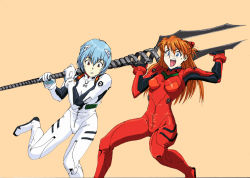 Rule 34 | 2girls, ayanami rei, bident, blue eyes, bodysuit, brown hair, carrying, carrying over shoulder, lance of longinus (evangelion), long hair, multiple girls, neon genesis evangelion, open mouth, over shoulder, plugsuit, polearm, red eyes, rx92, short hair, simple background, souryuu asuka langley, sweatdrop, tan background, two side up, weapon, weapon over shoulder