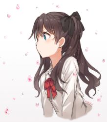 Rule 34 | 1girl, artist name, black ribbon, blue eyes, blush, brown hair, closed mouth, commentary, fate/stay night, fate/zero, fate (series), from side, frown, hair between eyes, hair ribbon, long hair, long sleeves, looking away, mochii, neck ribbon, profile, red ribbon, ribbon, shirt, signature, sketch, solo, tohsaka rin, twintails, upper body, v-shaped eyebrows, very long hair, white shirt