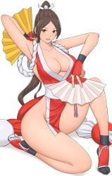 Rule 34 | 1girl, arm up, armpits, breasts, brown eyes, brown hair, cleavage, collarbone, fatal fury, full body, hand fan, highres, holding, long hair, looking at viewer, ninja, open mouth, parted bangs, pelvic curtain, revealing clothes, shigenobu, shiranui mai, simple background, sleeveless, smile, snk, solo, the king of fighters, thighs, white background