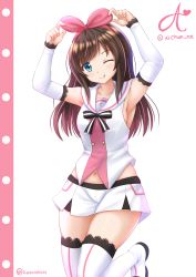 Rule 34 | 1girl, :p, arm warmers, armpits, arms up, bare shoulders, blue eyes, blush, boots, bow, breasts, brown hair, closed mouth, collarbone, commentary, cowboy shot, hair bow, hairband, head tilt, highres, kazenokaze, kizuna ai, kizuna ai inc., leg up, long hair, looking at viewer, miniskirt, navel, pink bow, pink hair, pink hairband, ribbon, sailor collar, sideboob, simple background, skirt, sleeveless, small breasts, smile, solo, standing, standing on one leg, striped ribbon, tareme, thigh boots, thighhighs, tongue, tongue out, vest, virtual youtuber, white background, white footwear, white skirt, white thighhighs, white vest, zettai ryouiki