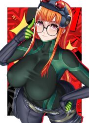 Rule 34 | 1girl, absurdres, aged up, arc edo11, bodysuit, breasts, curvy, female focus, glasses, gloves, goggles, hand on own hip, highres, huge breasts, long hair, looking at viewer, orange hair, persona, persona 5, purple eyes, sakura futaba, skin tight, solo