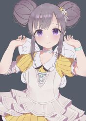 Rule 34 | 1girl, bee wings, blush, bow, choker, closed mouth, collarbone, double bun, dress, fake wings, flower, grey background, grey hair, hair bow, hair bun, hair flower, hair ornament, hands up, highres, idolmaster, idolmaster shiny colors, layered dress, long hair, looking at viewer, purple eyes, short sleeves, sidelocks, simple background, solo, tongue, tongue out, tsuchi (sh spica1), white choker, wings, wristband, yellow dress, yukoku kiriko