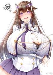 Rule 34 | 1girl, @ @, animal ears, arm under breasts, azur lane, black bra, blush, bow, bra, breasts, brown hair, bursting breasts, chomikuplus, cleavage, collared shirt, cow ears, cow girl, cow horns, gigantic breasts, hair bow, highres, horns, kashino (azur lane), long hair, military, military uniform, necktie, popped button, purple eyes, purple necktie, purple skirt, shirt, skirt, solo, squiggle, tearing up, underwear, uniform