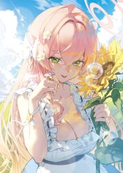 Rule 34 | 1girl, ahoge, blue archive, blush, breasts, cleavage, collarbone, day, dress, flower, green eyes, hair between eyes, halo, hanako (blue archive), highres, kokko (kokko3045), large breasts, long hair, looking at viewer, outdoors, pink hair, pink halo, smile, solo, sunflower, tongue, tongue out, upper body, white dress, yellow flower