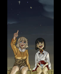 Rule 34 | 2girls, bad id, bad pixiv id, black hair, blonde hair, blue eyes, brown eyes, cloud, cup, inagaki mami, letterboxed, military, military uniform, multiple girls, night, night sky, open mouth, pillarboxed, pointing, raisa pottgen, short hair, sitting, sky, smile, strike witches, teeth, uniform, uno ichi, witches of africa, world witches series